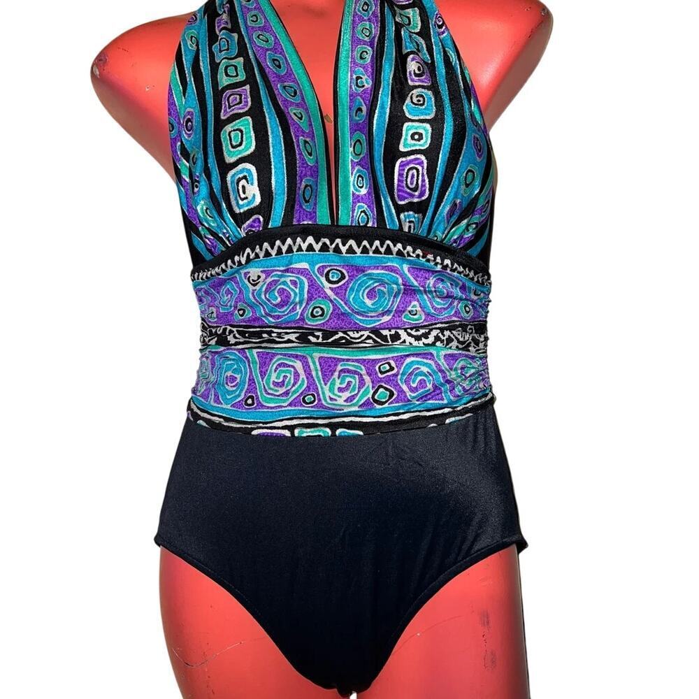 Vintage Catalina Women's Black Purple Halter Neck One Piece Swimsuit Size 10